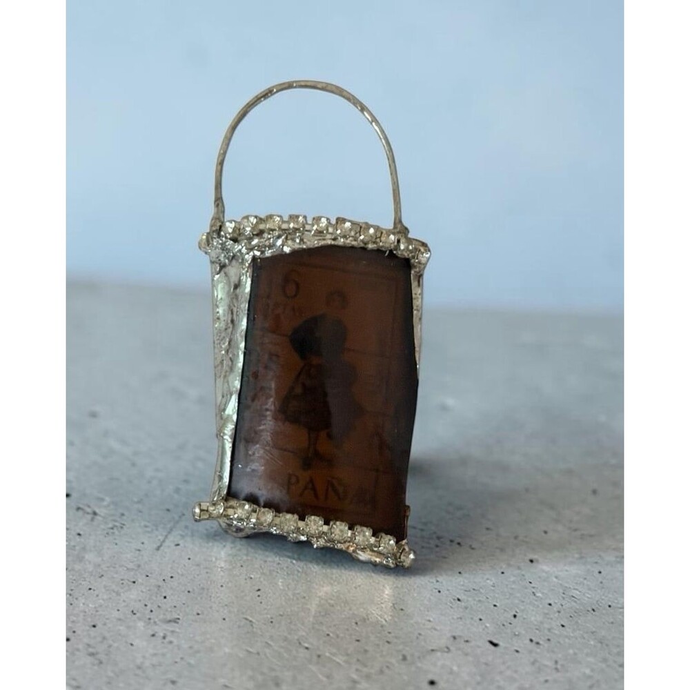 Vintage Spain Stamp Amber Glass Bucket Keychain Charm Pendant